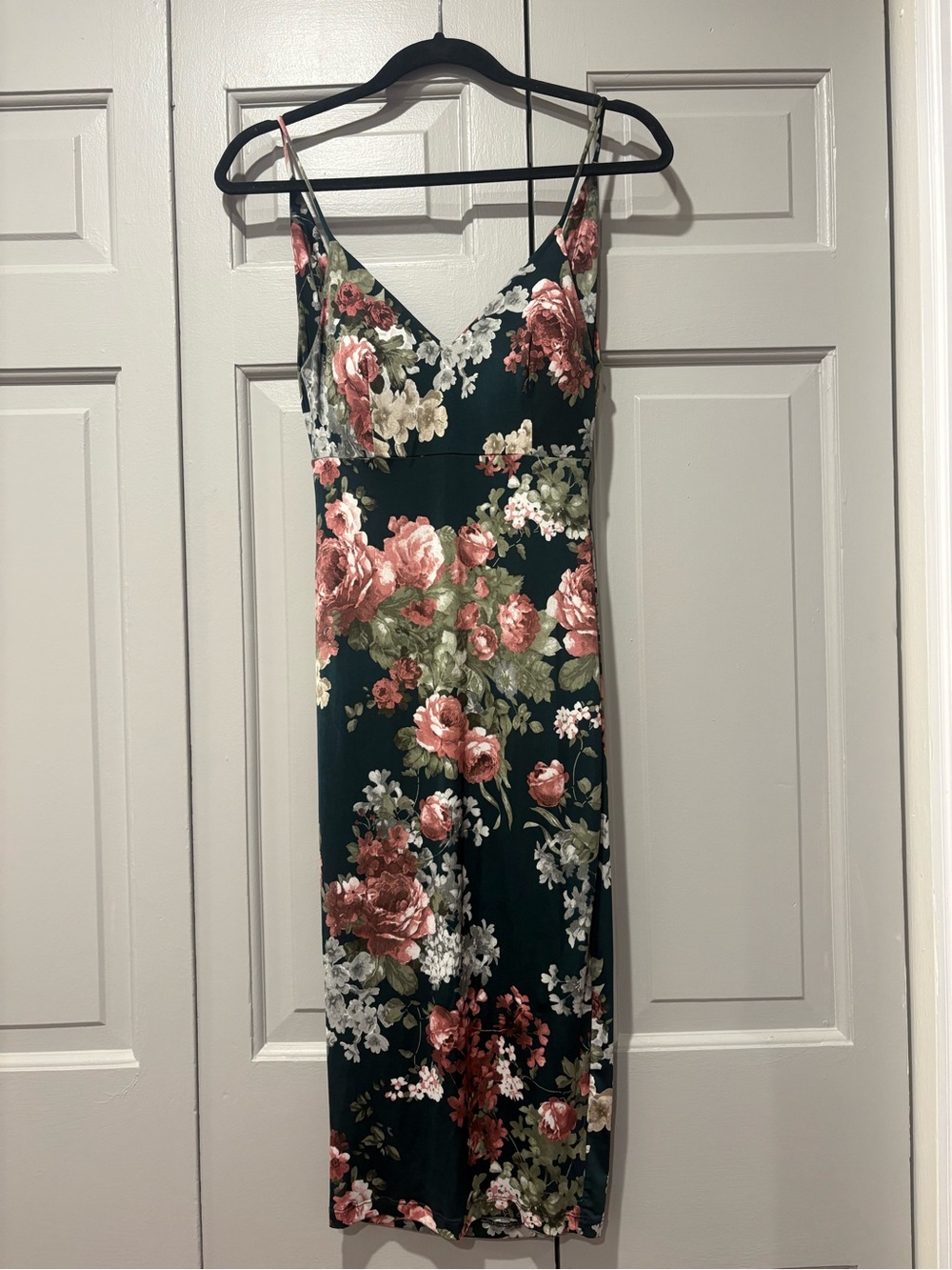 Windsor Floral Slip Midi Dress in Dark Green with Pink Blooms